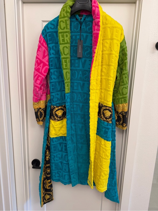 Versace Other - Versace Teal and Yellow Plush Logo Robe with Baroque Trim